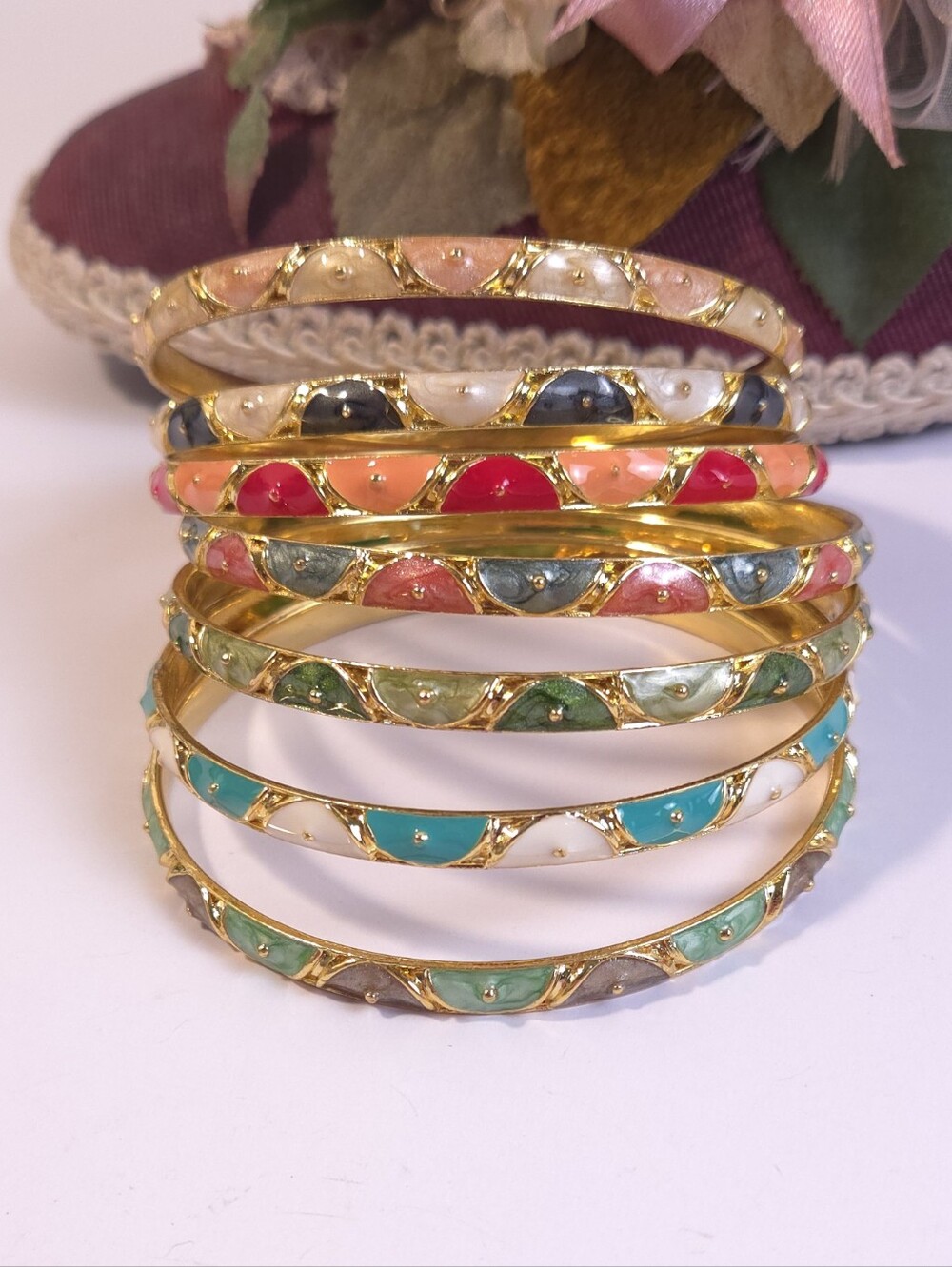 7 Metallic Enamel Swirl Gold Plated Bangle Braclets Set of 6